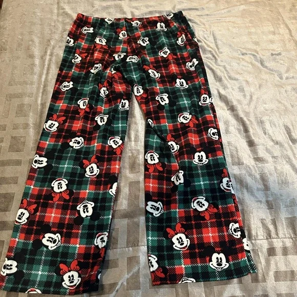 Disney Pajama Pants Womens Large Red Plaid Fleece Mickey Minnie Christmas Lounge - Picture 2 of 12